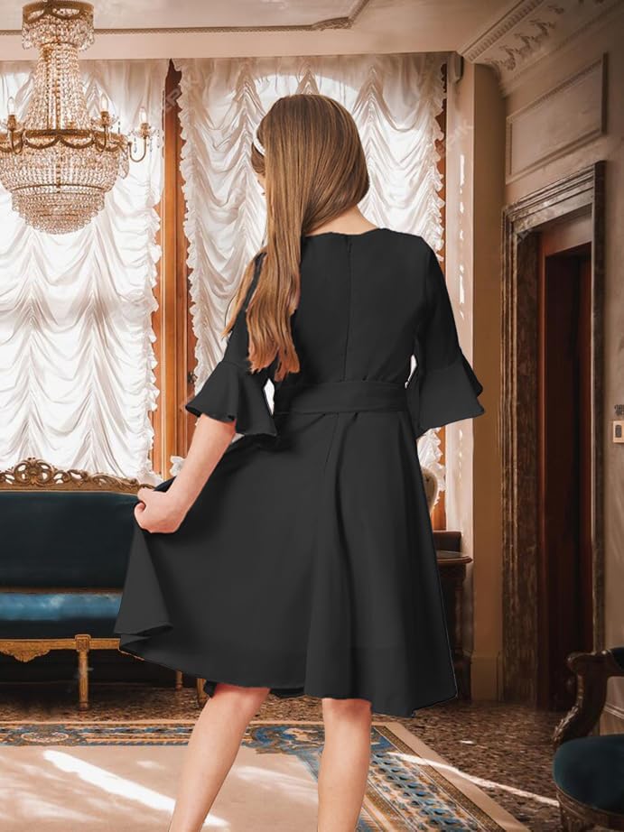 Girls Bell Sleeve Dresses Belt Formal Fit Knee High Modest Big Kids Midi Cap Shoulder Teen Casual Dresses for Girls3