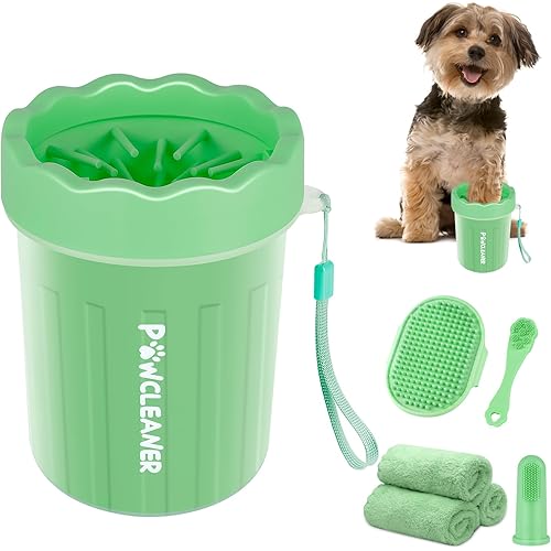 Professional 7 in 1 Dog Paw Cleaner for Dogs & Cats - Includes 1 Portable Paw Washer, 1 Bath Brush, 2 Dog Toothbrushes and 3 Absorbent Towels Note: Fits Paws up to 2 Inches Wide (Small, Light Green)