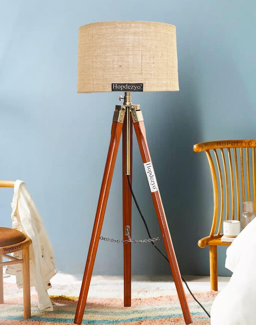 Wooden Tripod Floor Lamp with Jute Shade – Tall Standing Lamp for Living Room & Bedroom Decor