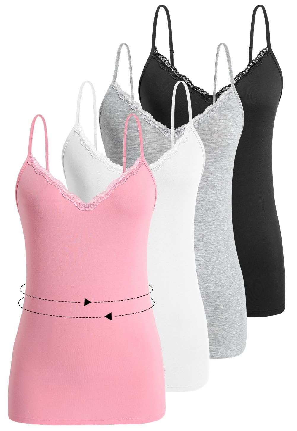 Komfokore 4 Stück Camisoles für Damen V-Ausschnitt Unterhemd Einstellbare Spaghetti Strap Lace Tank Tops