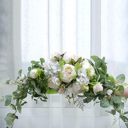Miniatura 2 de Ansuma Botín de flores de peonía artificial, 30 pulgadas decorativo para puerta delantera, dintel con peonías y hojas de eucalipto para arco