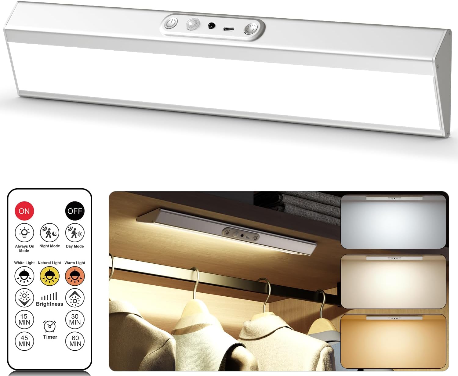 LENOMA Motion Sensor Closet Lights, Eye Protection Design Cabinet Lighting Wireless with Remote, 3 Color Temps & Dimmable, Magnetic, Rechargeable LED Closet Lighting for Kitchen, Wardrobe, Pantry