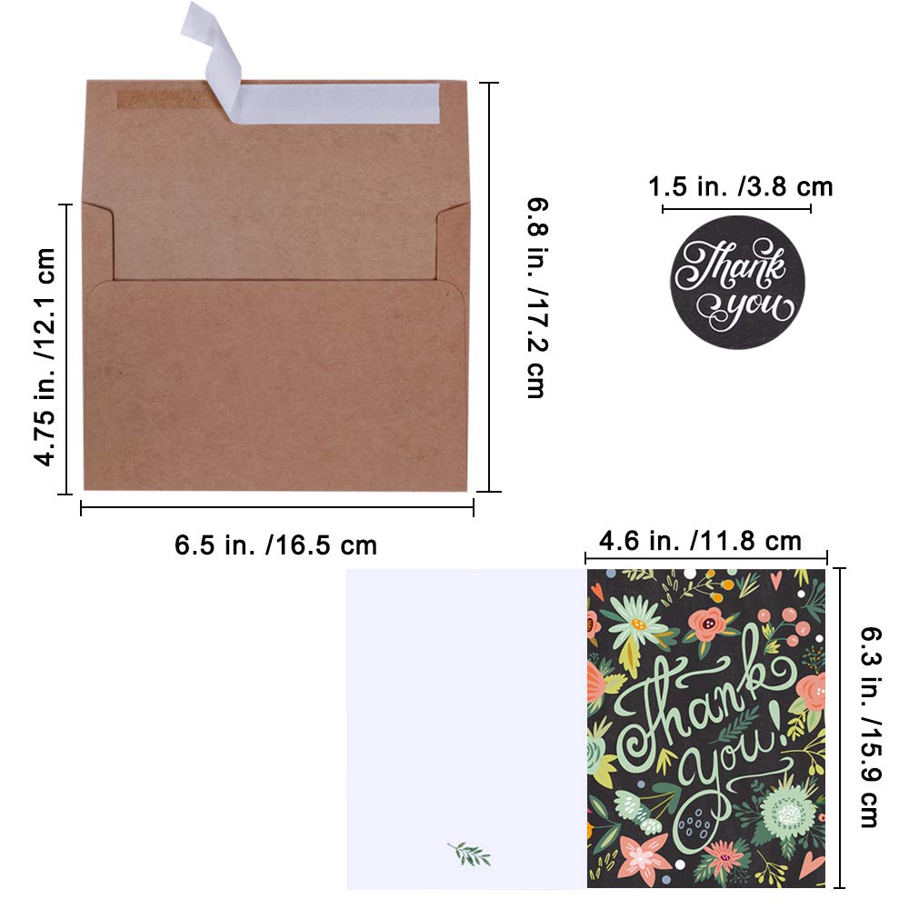 Lot de 150 cartes de remerciement vierges en vrac avec enveloppes Assortiment de 6 motifs de calligraphie florale aquarelle Cartes de vœux de remerciement Cartes de remerciement Pour mariage,