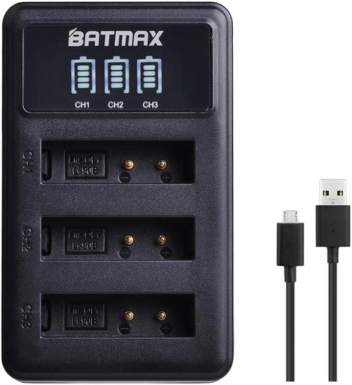 Batmax 3Pcs 1280mAh Li-90b LI-92B Battery + LED USB Charger with Type C Port for Olympus Tough TG-6, TG-5, TG-Tracker, Tough TG-1 iHS, Ricoh DB-110 and Ricoh Theta X, WG-6, G900, GR III, GR II Cameras