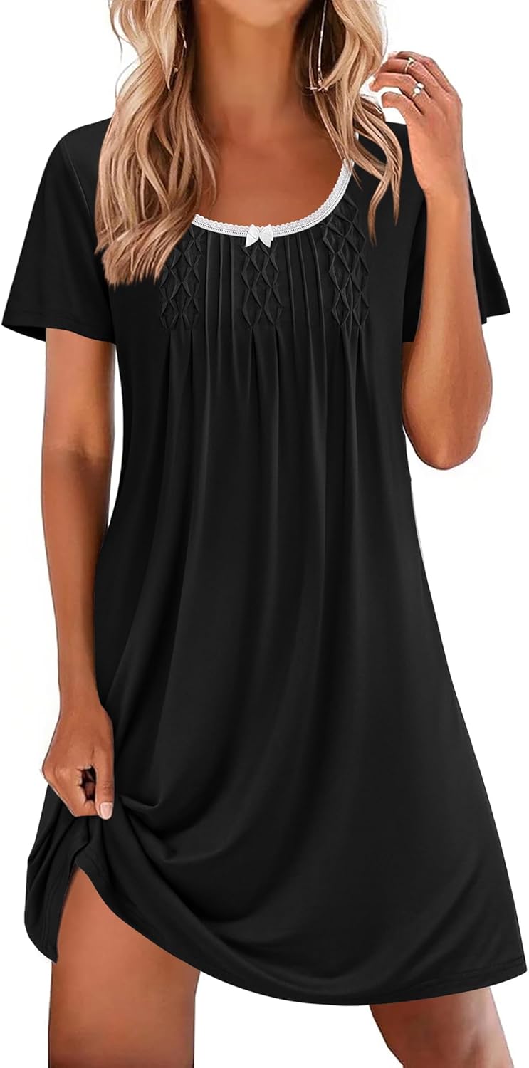Ekouaer Nightgowns for Women Pleated Sleep Shirts Short Sleeve Night Shirts Lace Trim Night Gown Ladies Sleep Dress