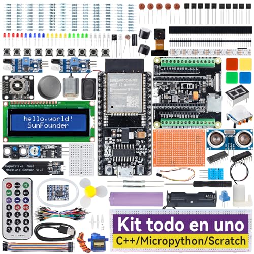 SunFounder Kit Definitivo ESP32(Compatible con Arduino),ESP32 CAM,Conforme RoHS,Python,C,Scratch,Cursos en Video en inglés,IoT para Principiantes e Ingenieros,Placa ESP32 Board y batería incluida