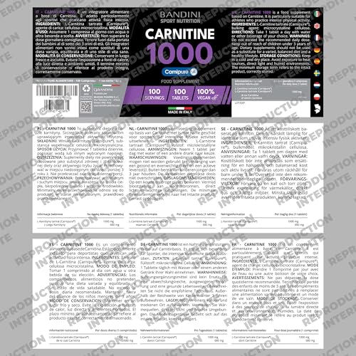 Bandini® L-CARNITINE Carnipure® 100 Comprimés - Supplément de Tartrate L Carnitine (100 doses, 100 jours) 1000mg - Pour Sportifs qui Pratiquent une Activité Physique à Haute Intensité - 100% Vegan – Image 6