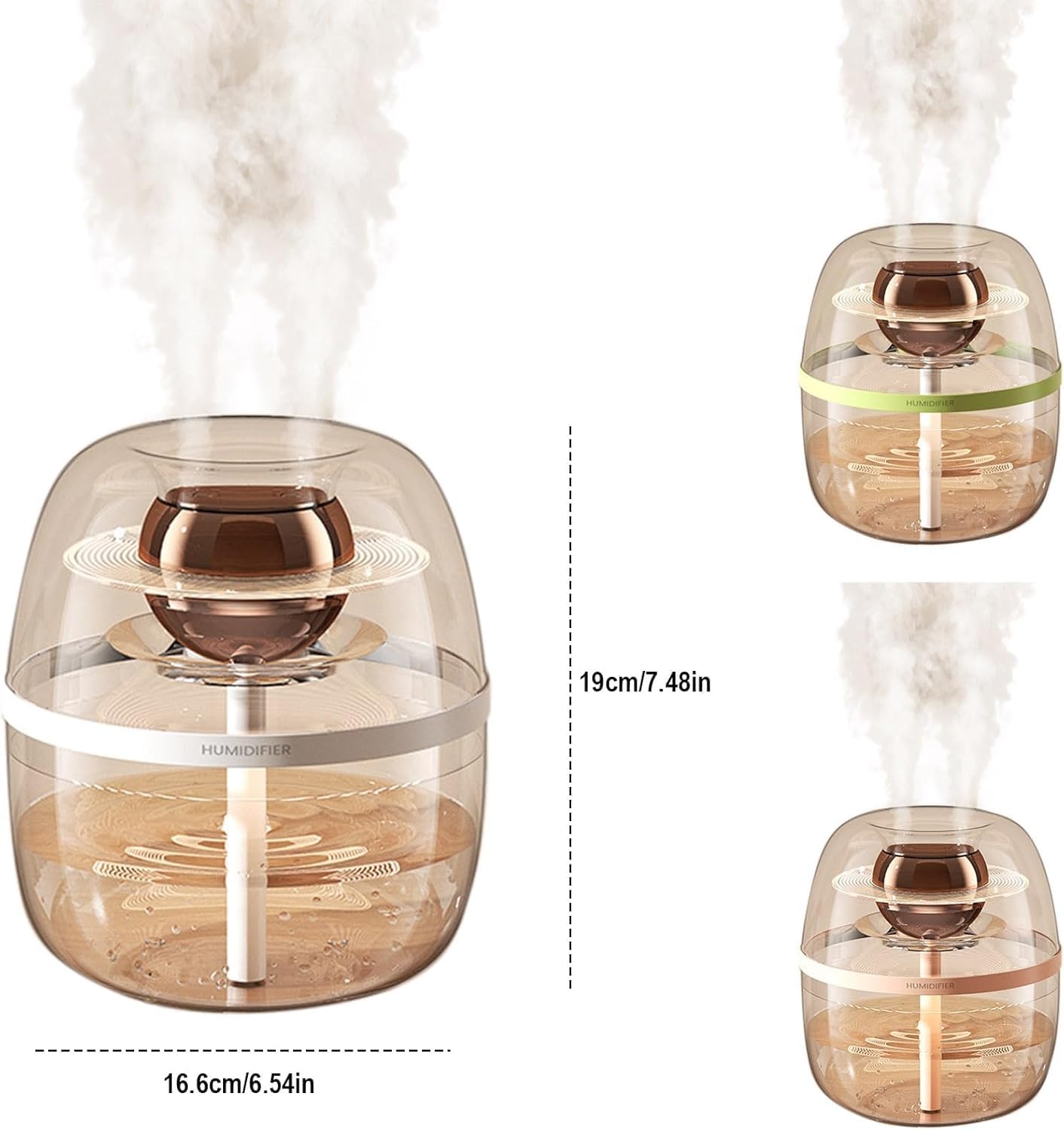 Dreamzy 3L Humidifier dimensions: 16.6cm (6.54in) width and 19cm (7.48in) height. The image also shows other color variants.