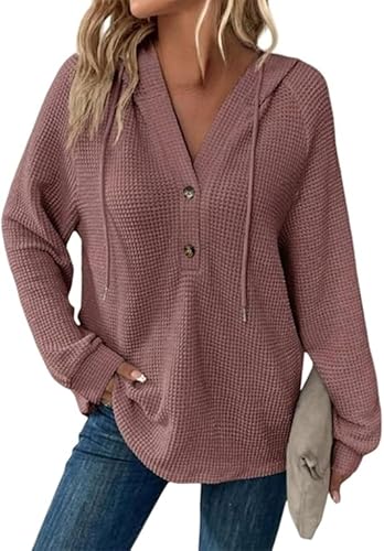 Long Sleeve Hoodie Sweaters for Women Waffle Drawstring V Neck Button Up Shirts Hoodies Casual Pullover Tshirts (Light Purple,Medium)