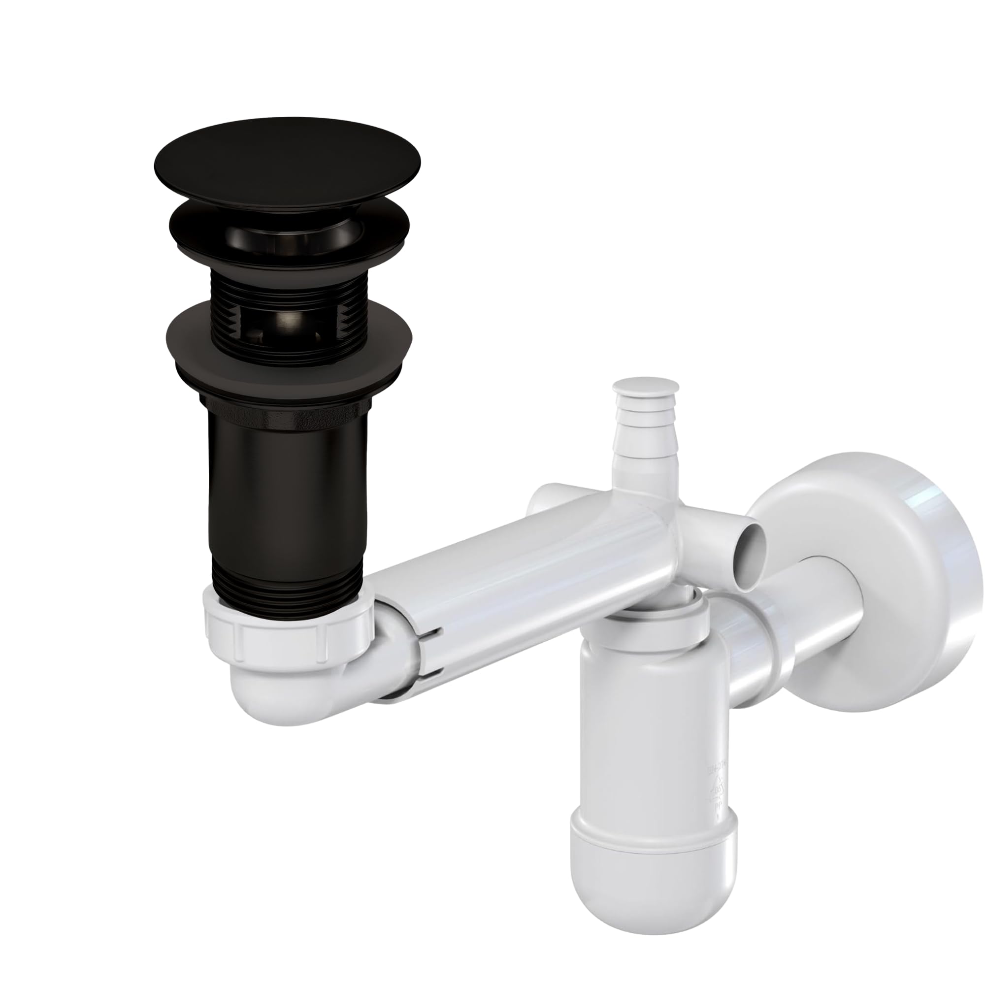 Ablaufgarnitur für Waschbecken mit und ohne Überlauf + Teleskop Siphon für platzsparendes Waschbecken | Click-Clack Ventil mit extra großem 68 mm Durchmesser | Pop Up Ablaufventil | Schwarz+Siphon