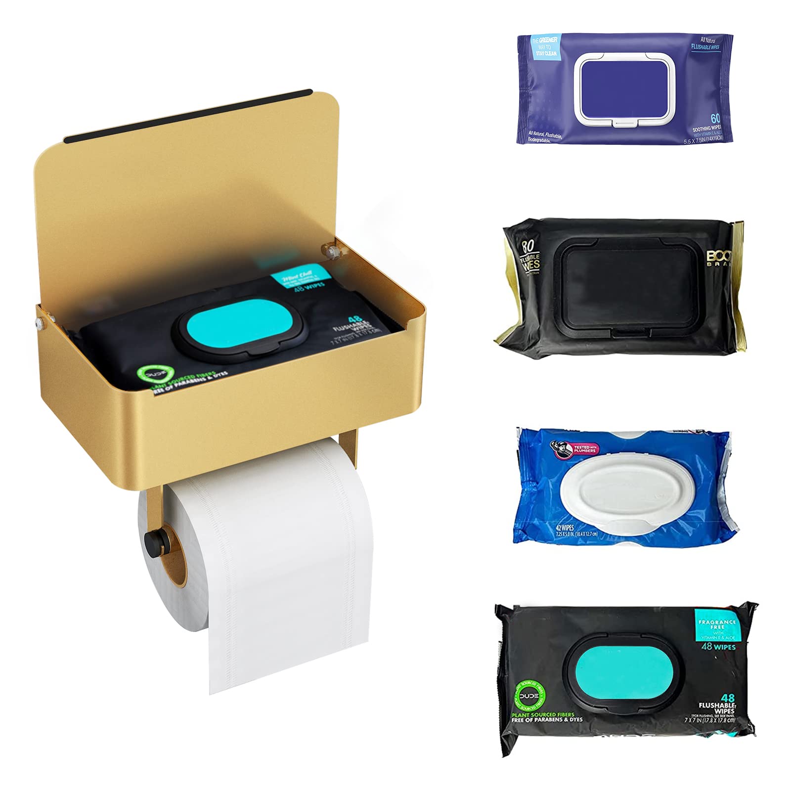 JUYSON Toilet Paper Holder with Shelf, Flushable Wipes Dispenser Fits for Bathroom Wipe Storage, Keep Your Wipes Hidden Out of Sight - SUS304 Stainless Steel Wall Mount Organizer (Color Gold)