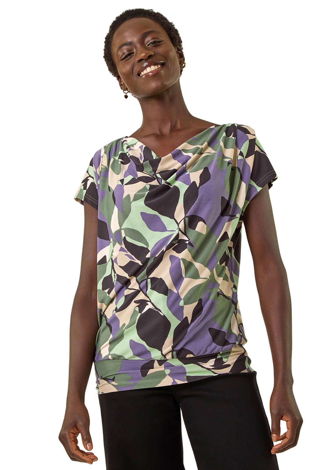Roman Women's Green Geometric Leaf Print Cowl Neck Top In | Size: 10