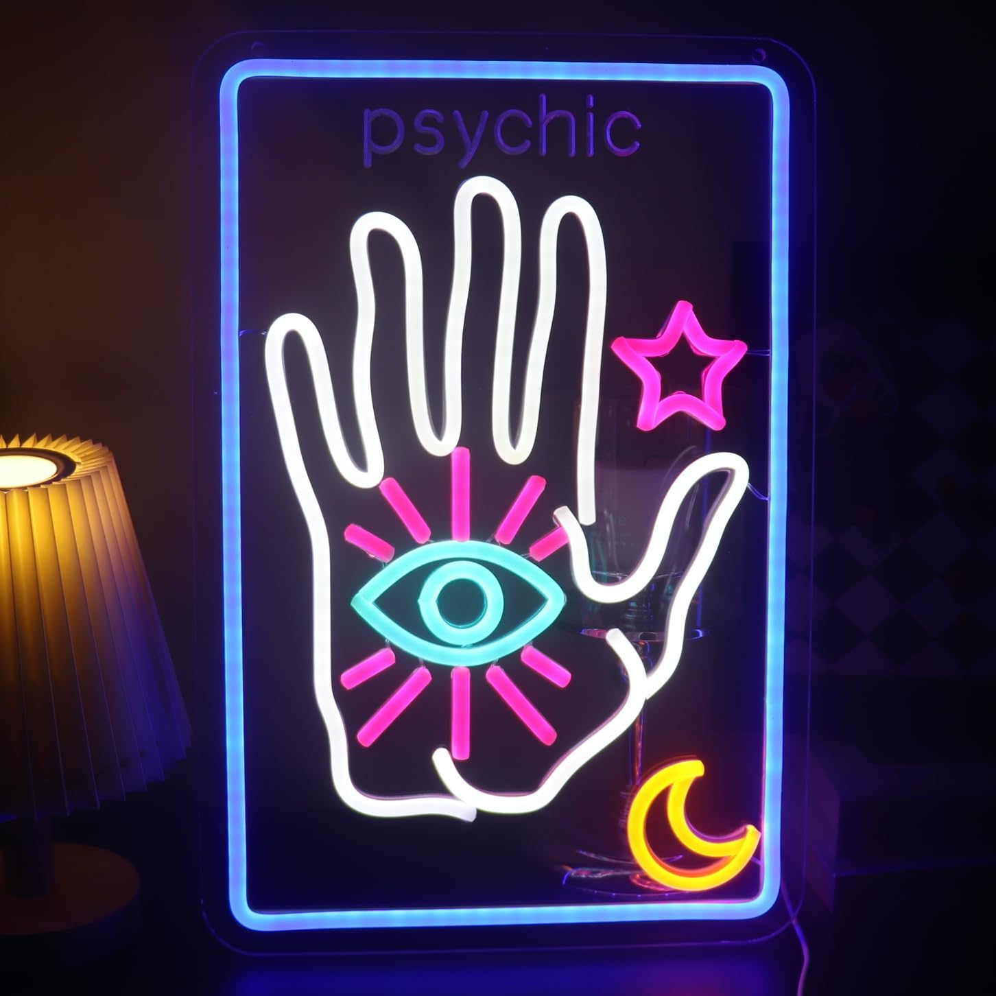 Psychic Tarot Card Neon Sign for Bedroom Game Room - Moon Star LED Wall Art, Fortune Teller Decor, Mystic Gift for Tarot Reader