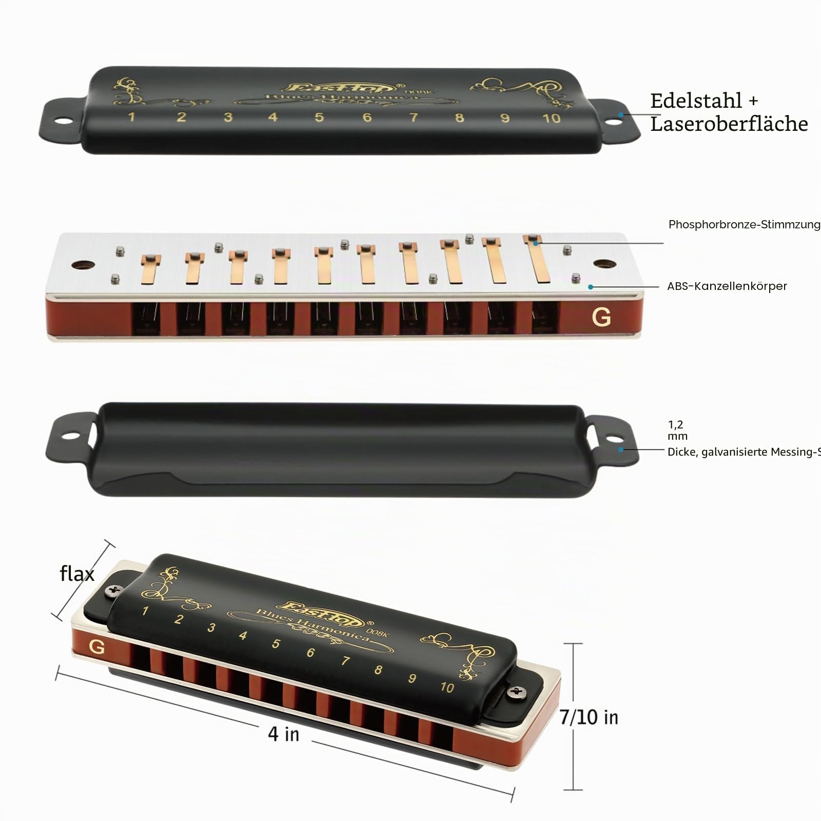 East Top Diatonische Blues Harmonica Mundharmonika 10 Löcher T008K Tonart G Mundharmonika Für professionelle Spieler, Anfänger, Studenten, Erwachsene, Kinder, als bestes Geschenk