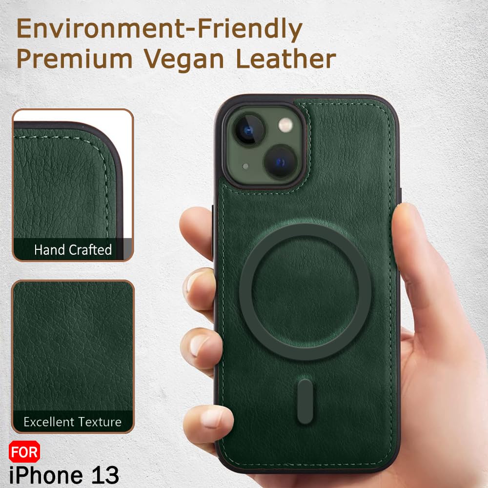 TheGiftKart Genuine Leather Finish Back Cover Case for iPhone 13 | Shockproof Design | Raised Edges for Camera & Screen Protection | Stunning Minimalist Design Case Cover (MagSafe Compatible, Green) — Amazon image 3