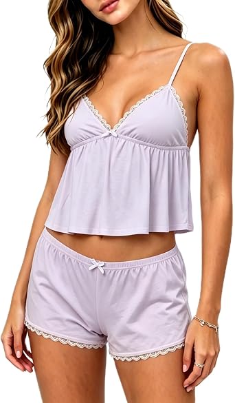 XBTCLXEBCO Lace Pajama Sets for Women 2 Piece Sexy Sleeveless Cami Tank Top and Shorts Pj Set Y2K Matching Lounge Sleepwear