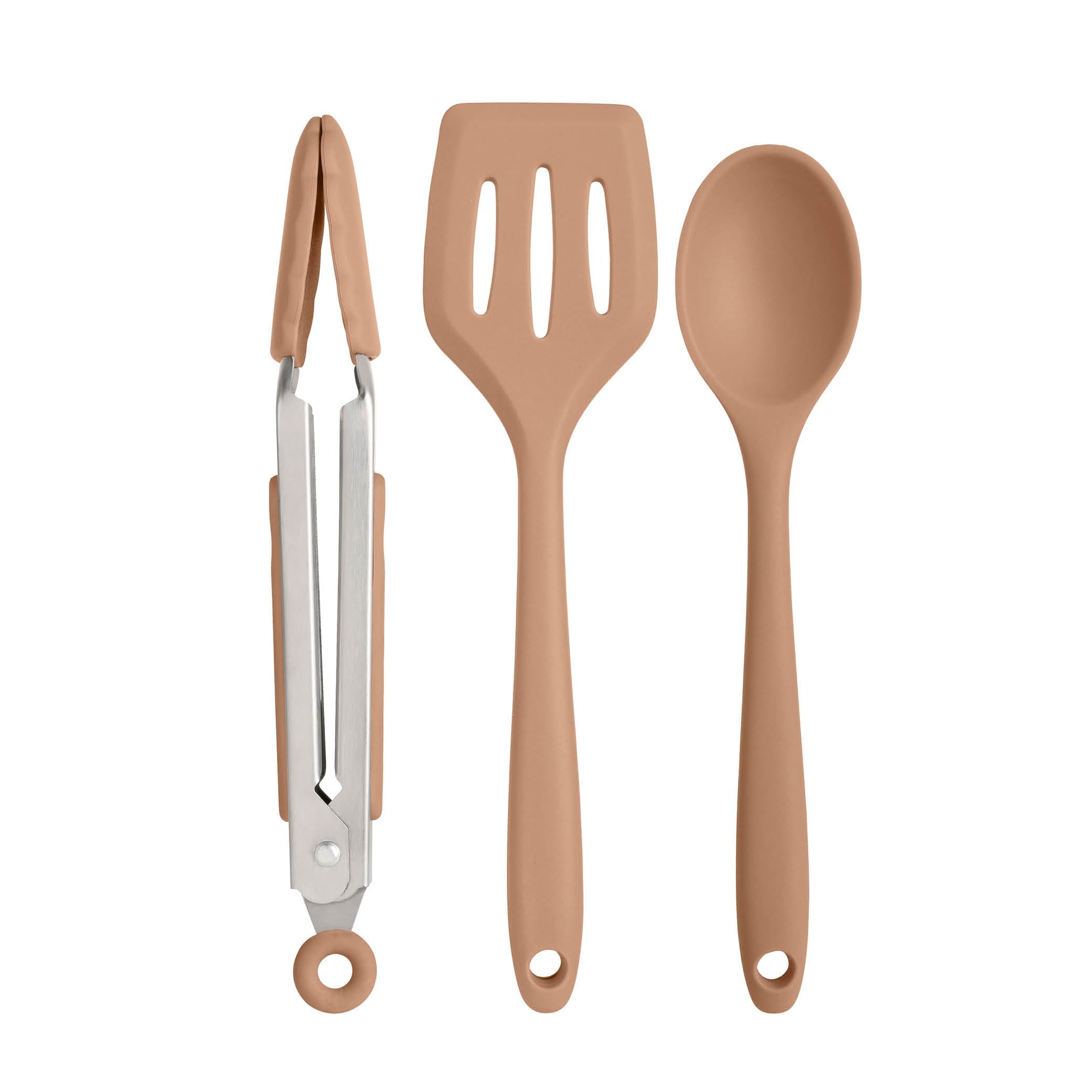 Wiltshire Silicone Mini Kitchen Tongs, Serving Spoon & Turner Set of 3, Cooking Spoon Serving Tongs & Spatula, Salad Tongs Stainless Steel, Heat-Resistant Utensil, Non-Stick, Non-Scratch, Mocha