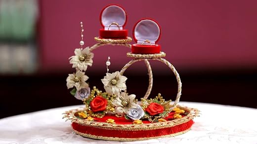 Decorative Floral Ring Platter with Cash Box, Shagun Tray for Roka Ceremony, Wedding Gifts &amp; Festive Occasions