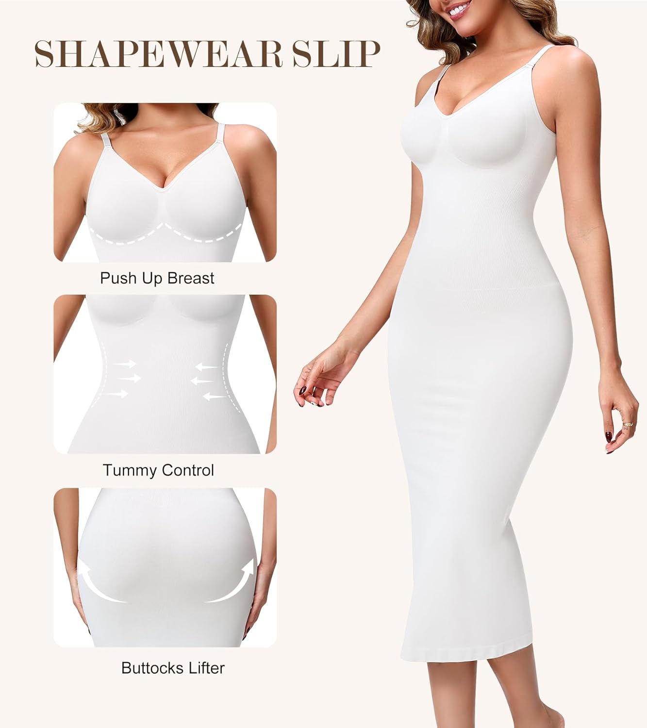 Shapewear Slip for Women Under Dress, Seamless V Neck Slip Dress, Tummy Control Back Slit Body Shaper - Image 3