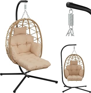 Hängesessel mit Gestell, Hängestuhl mit fußteil, Dicke Kissen, Hängeschaukel aus Rattan belastbar bis 150kg, Hanging Chair für Outdoor, Indoor, Garten, Balkon (Beige)