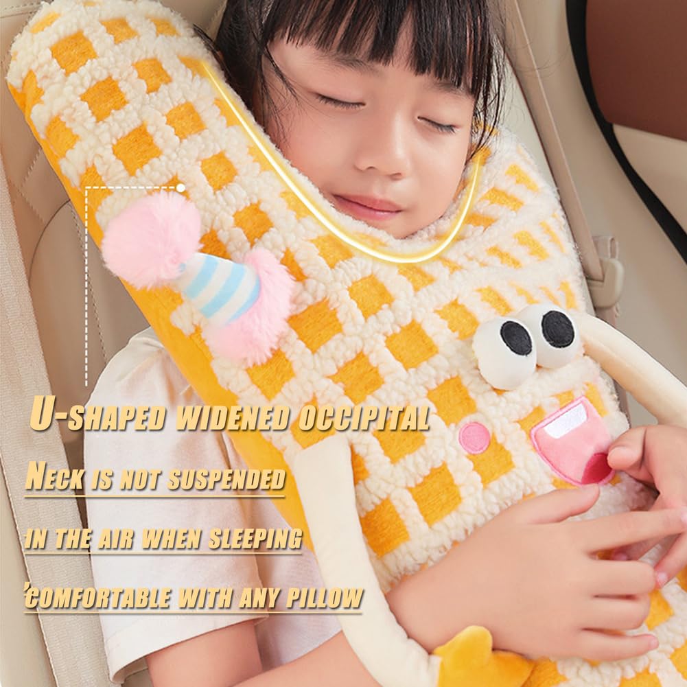 Almohada de Viaje para NiñOs, Almohada para El Coche, Almohada para Dormir En El Coche, Almohada de Dibujos Animados para El Cuello Y El Reposacabezas, Almohada de Viaje En Forma de K,Amarillo