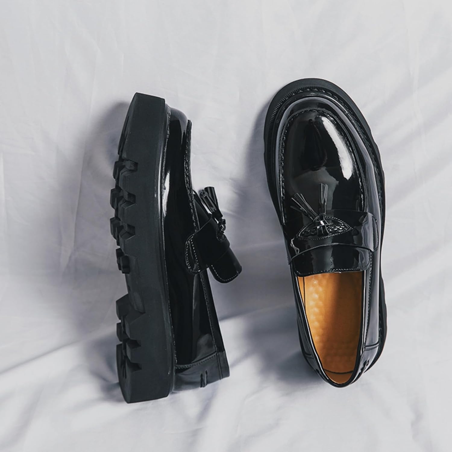 Men's Patent Leather Slip-On Tassel Dress Platform Loafers Casual Non-Slip Penny Formal Shoes Business Party Wedding Prom Moccasins Boat Shoes