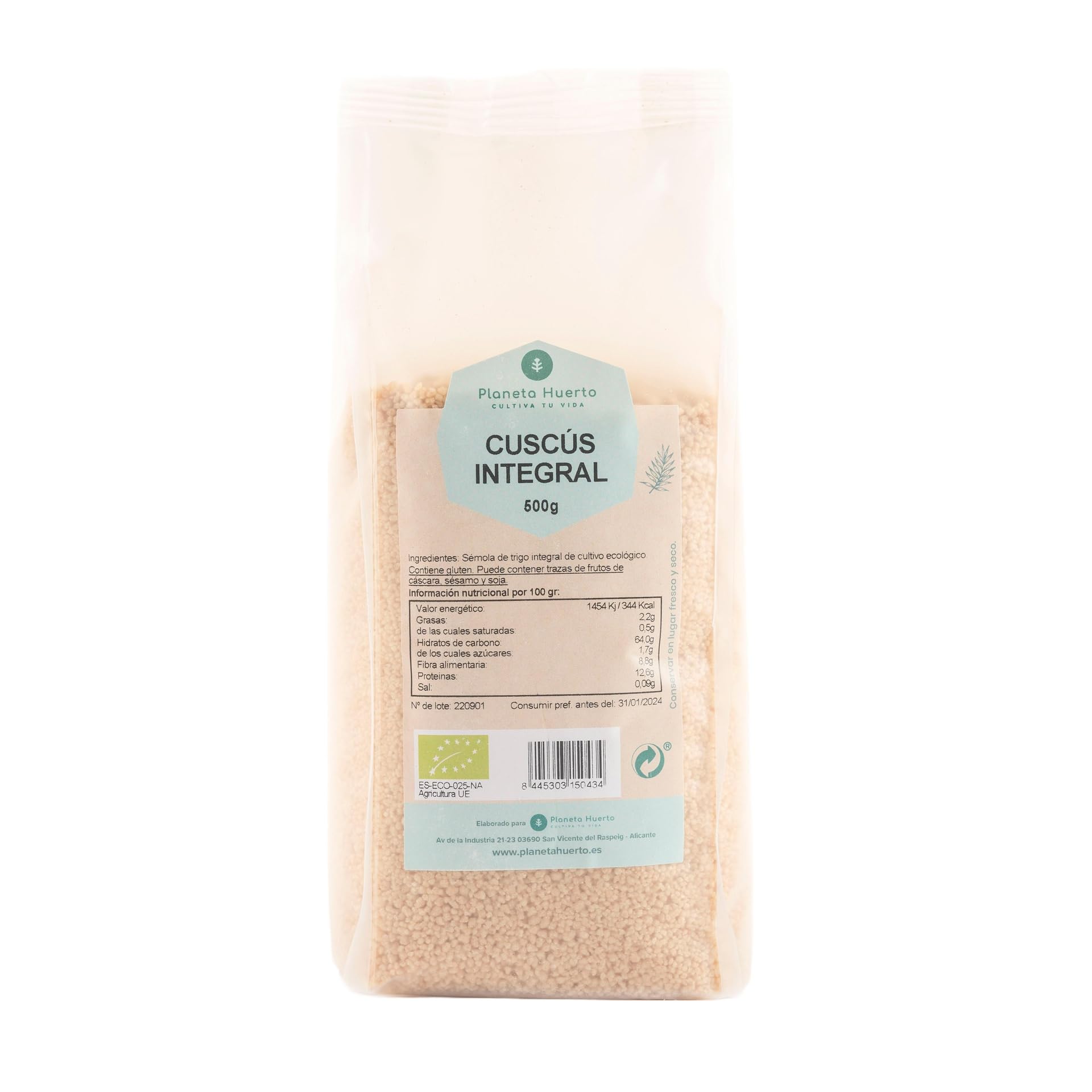 PLANETA HUERTO | Cous Cous Integral ECO 500g Rico en Carbohidratos, Vitaminas B y Minerales - Cous Cous Bajo en Colesterol y Sodio | 100% Natural y Ecológico