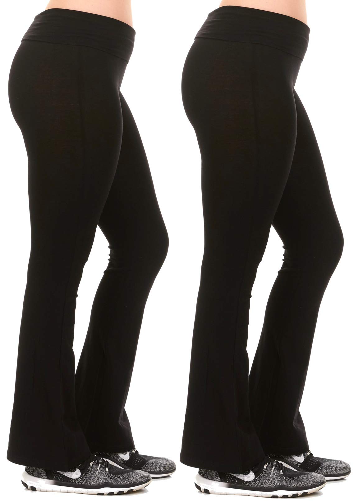 Cotton Stretchy Extra Long Active Pants Fold Over Waistband Flared Boot Leg Yoga Pants Running Pants, 2Pack, Black, Large