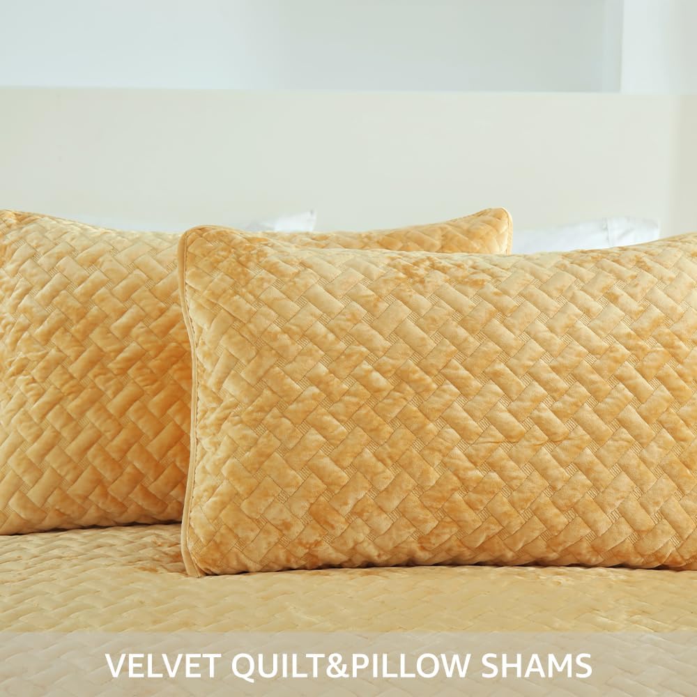 Velvet Bedspread Quilt Bedding Sets,Luxury Elegant Ultra Soft Velvet Comforters Coverlet Blankets,Weave Stitching Pattern Cotton Quilted Bedspread for All Seasons,Yellow,King Size | Breathable material, Luxury soft velvet, Soft and durable, All seasons, Machine Waschable, Cotton bedspread - Image 4