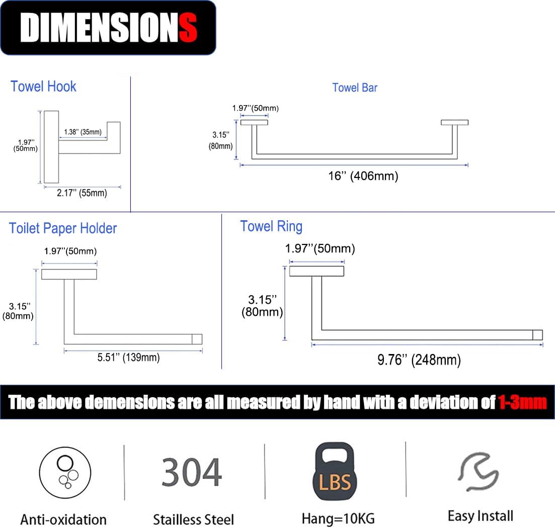 10 Pieces Bathroom Accessories Towel Bar SUS304 Stainless Steel Brushed Nickel Towel Holder Wall Mounted Heavy Duty Towel Rack Bathroom Towel Rod Modern Square Base Design(10, Brushed Nickel, 16 Inch)