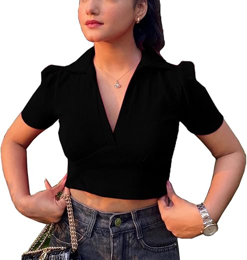 Aahwan Women's &amp; Girls' Solid Basic V Neck Collared Ribbed Slim Fit Crop Top