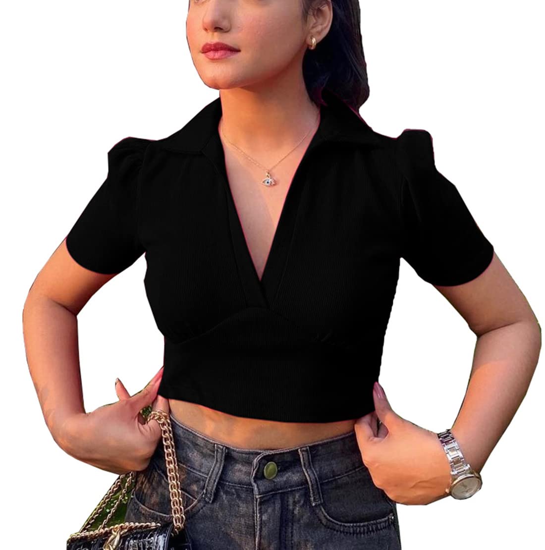 Women's & Girls' Solid Basic V Neck Collared Ribbed Slim Fit Crop Top