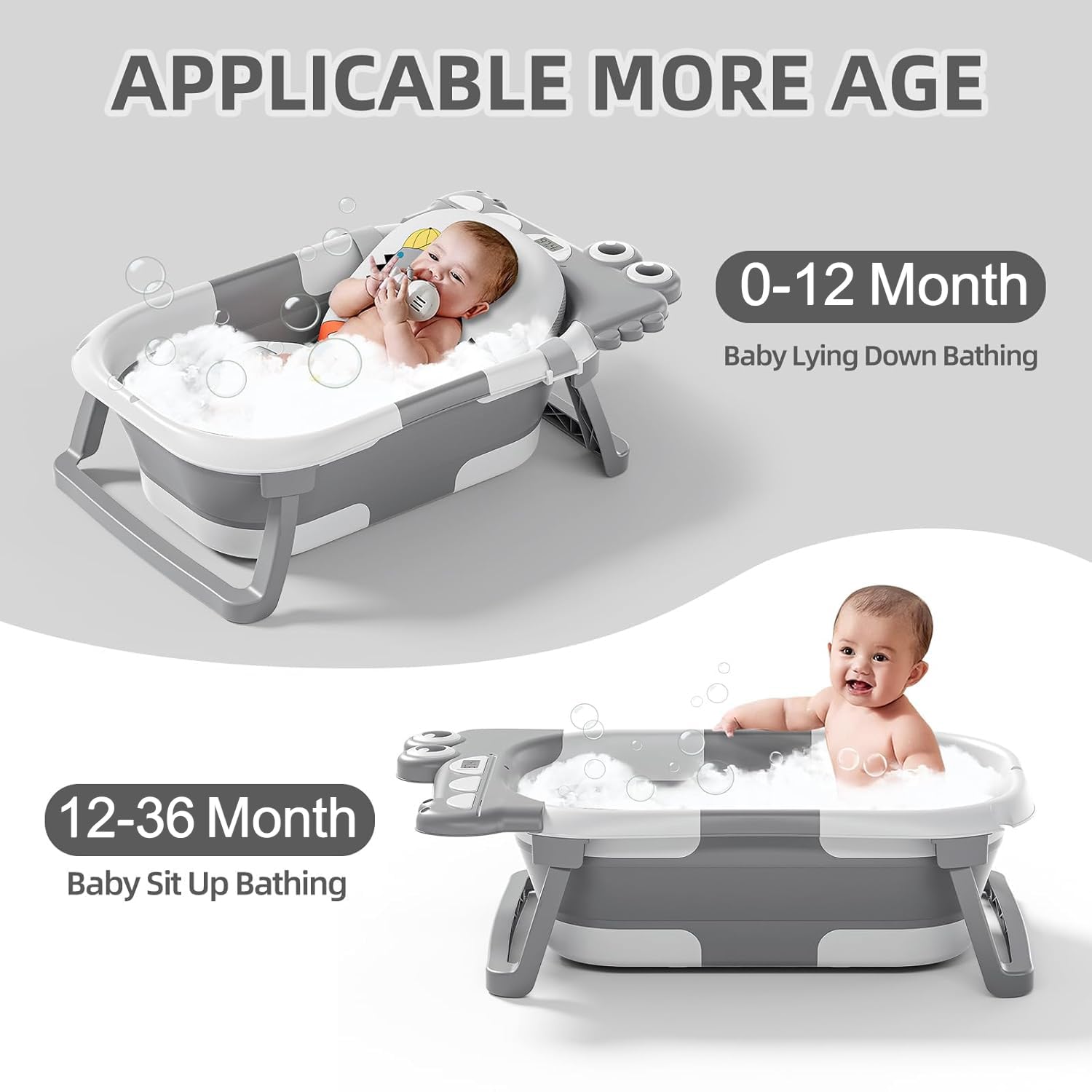 TPN Bañera plegable para bebé, tina de baño para bebé con cojín suave y termómetro en tiempo real, bañera de bebé a niño pequeño (0-36 meses), bañera portátil de viaje para recién nacidos