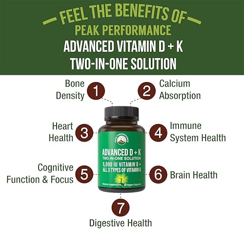 Miniatura 2 de Vitamina D avanzada 5000 IU con los 3 tipos de vitamina K de Peak Performance. Vitamina D3 y vitamina K2, K1, MK-7 (MK7), MK4. 60 píldoras vegetales