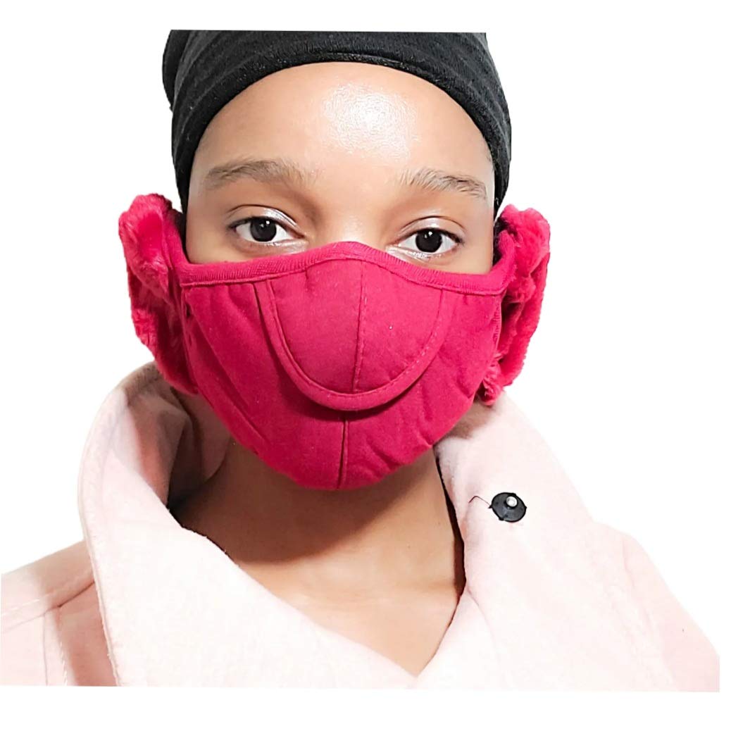 Naturally Daizy's Unisex Warm Plush Face Cover with Adjustable Earmuffs Ear loop, Reusable Soft Lightweight Windproof Winter Full Ear Cover for Outdoor Activities (Red)