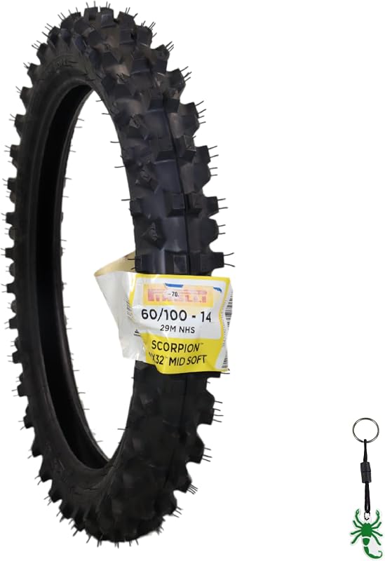 Neumático de moto delantero MX32 Mid Soft 60/100-14 29M | Neumático de motocross para terreno medio-suave. Tubo diagonal tipo blackwall. Rendimiento todoterreno. Incluye llavero Pirelli.