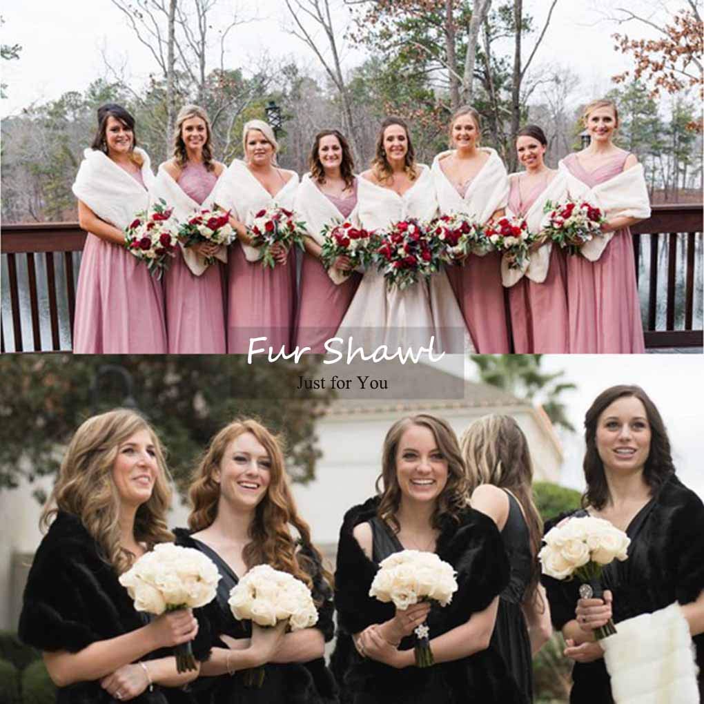 Ursumy Women's Wedding Shawl Faux Fur Wraps Bridal Fur Stole Fur Scarf with Rhinestones Brooch for Bride and Bridesmaids (White) - Image 7