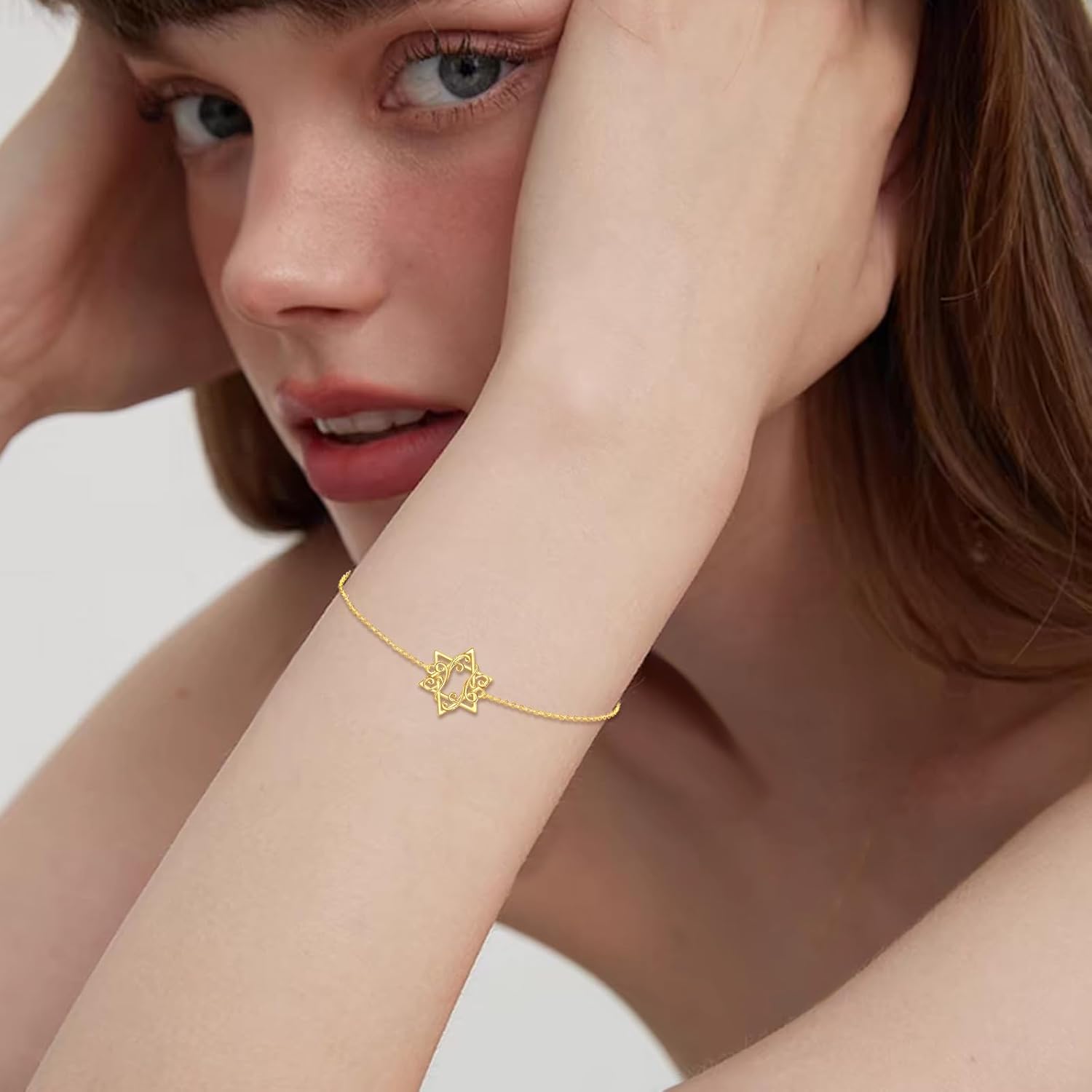 DOVRAN 14K Yellow Gold Star of David Bracelet for Women Solid Real Gold Filigree Hexagram Bracelet Traditional Jewish Jewelry Gifts for Wife Mom