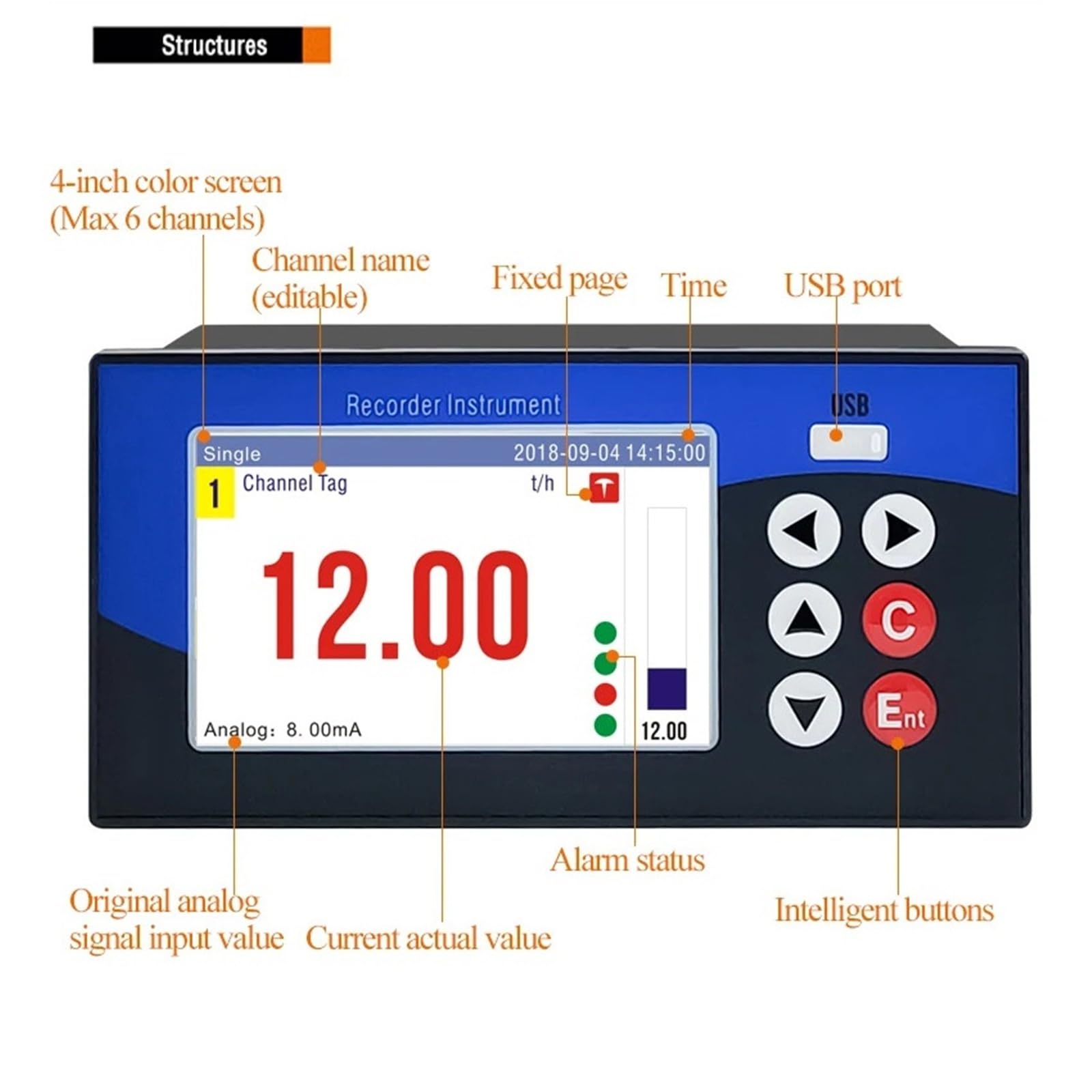 datenlogger Datenrekorder Datenlogger 6 Kanäle Temperatur Druck Luftfeuchtigkeit Strom Spannung(4 Channels 220V)