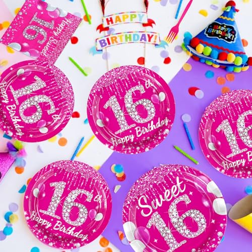 Image of Grencian 96 Pcs Hot Pink 16th Birthday Party Supplies for Girls, Serves 24 | Hot Pink Sixteenth Birthday Plates and Napkins Tableware Sets for Girls Happy 16 Year Old Birthday Party Favors