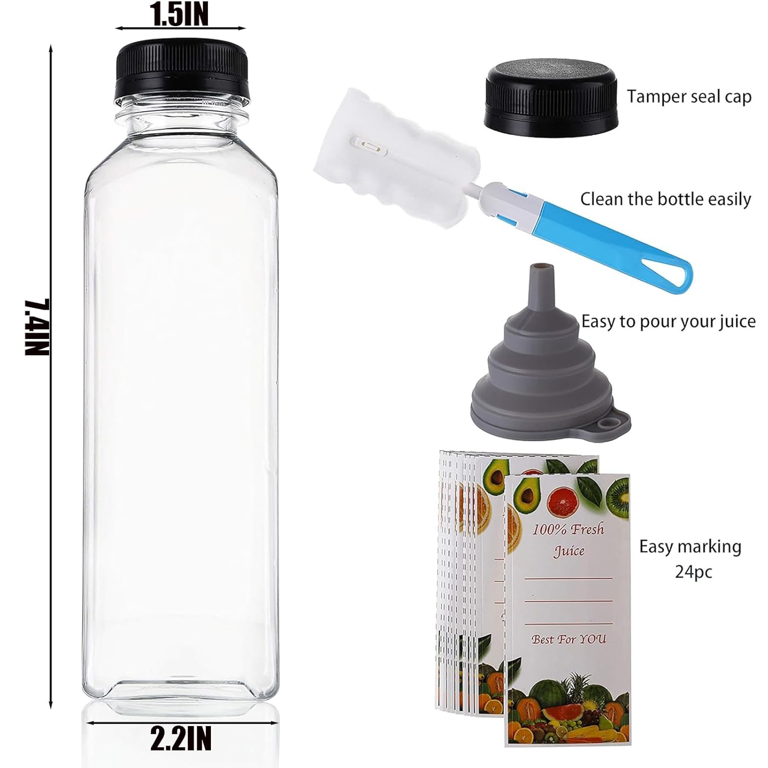 Cedilis 20 Pack 16oz Plastic Juice Bottles with Black Cap, Clear Reusable Containers with Lids, Great Disposable Bottles for Making Juice, Milk, Salad Dressing, Smoothie and Other Beverages