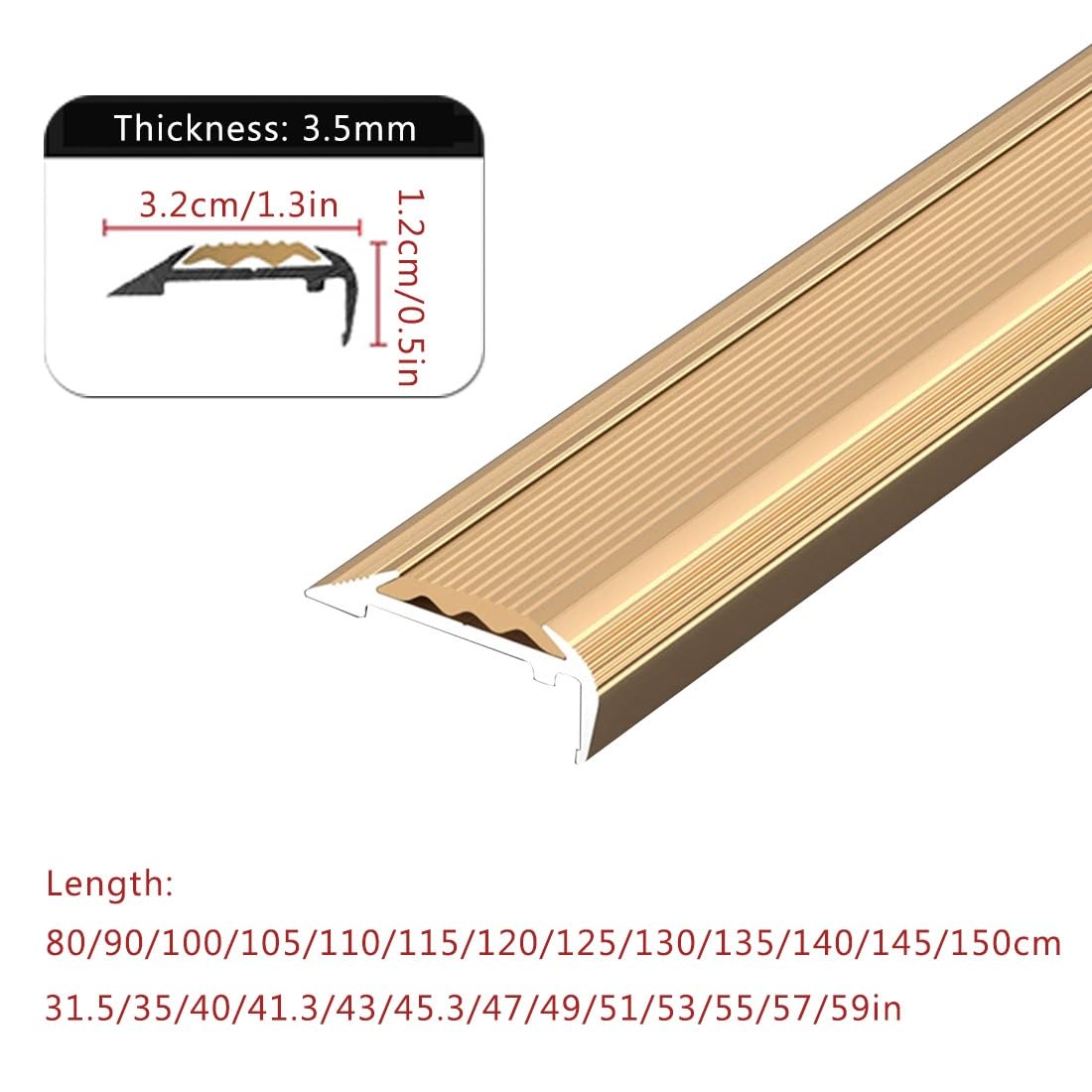 Złota Aluminiowa Narożnik Schodowy z Elastyczną Gumową Taśmą 120/130/135cm, Krawędzi Schodów W Kształcie Litery L Antypoślizgowa(125x3.2x1.2cm)