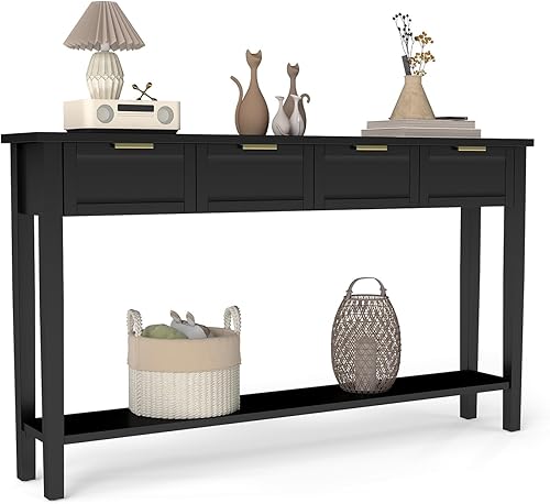 Miniatura 3 de kinbor Mesa consola larga  Mesa de sofá estrecha de 2 niveles con estante abierto y 4 cajones, moderna mesa de consola estrecha con almacenamiento