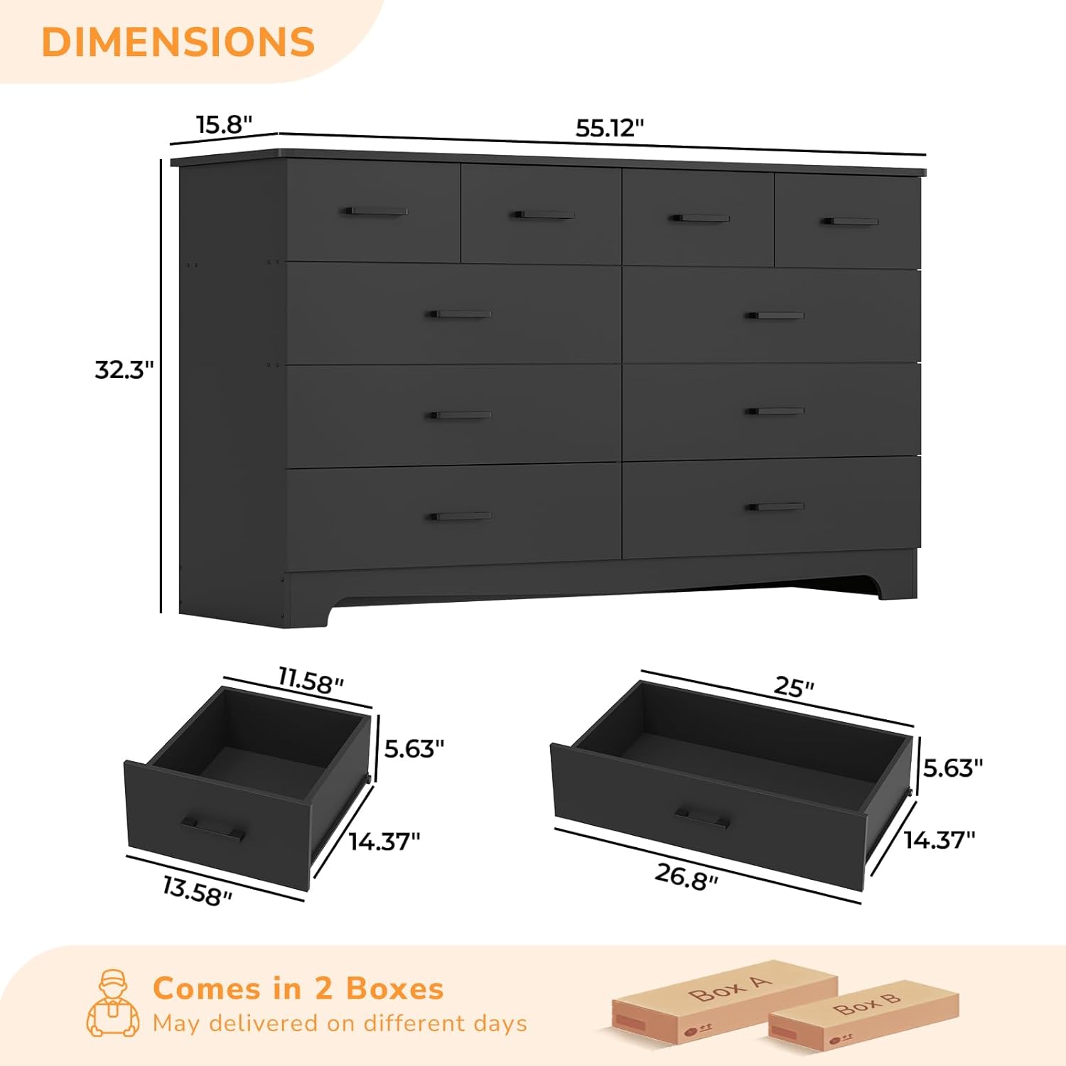DICTAC Black Dresser for Bedroom with 10 Drawers, Large Chest of Drawers Storage Organizer, Long Dresser TV Stand with Power Outlets, Wide Dressers for Bedroom, Living Room 55.1" W x 32.3" H x 15.8" D