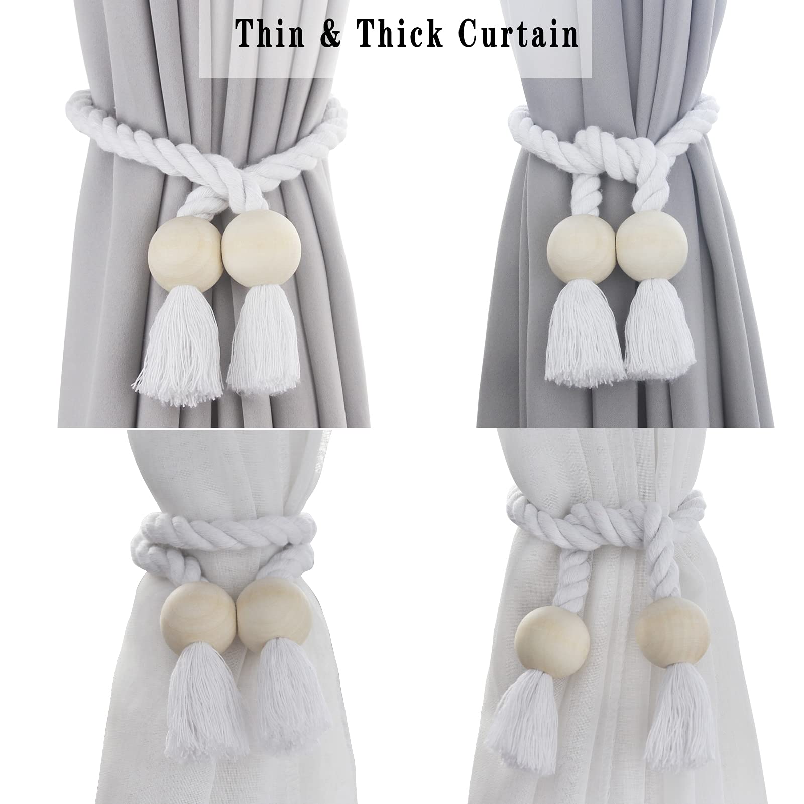 Confezione da 6 fermatenda magnetici bianchi in cotone intrecciato a mano con fermatenda decorativi per tende con fibbia in legno resistente, non sono necessari attrezzi