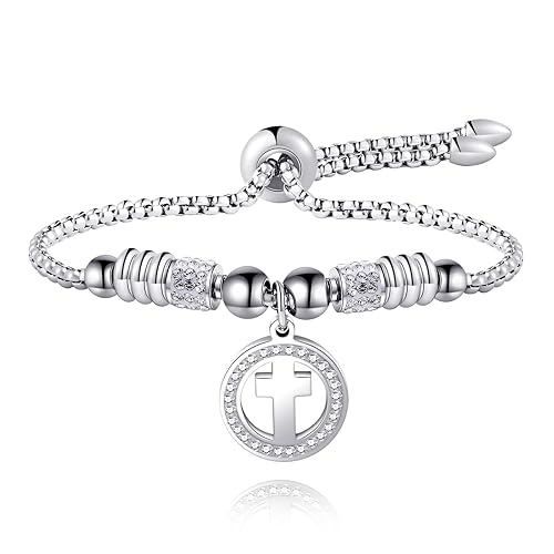 Cross Bracelet for Women Silver Cross Charm Bracelets Adjustable Stainless Steel Jesus Catholic Bracelet Religious Gifts for Women
