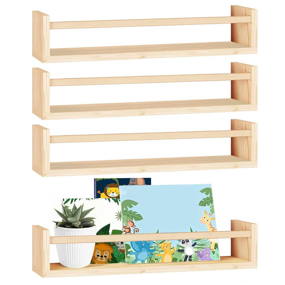 HEKOBAG Nursery Book Shelves Set of 4, 16.5 Inch Floating Bookshelf Solid Natural Wooden Book Floating Shelves Wall Mounted Shelves Toy Hanging Organizer for Bedroom Living Room