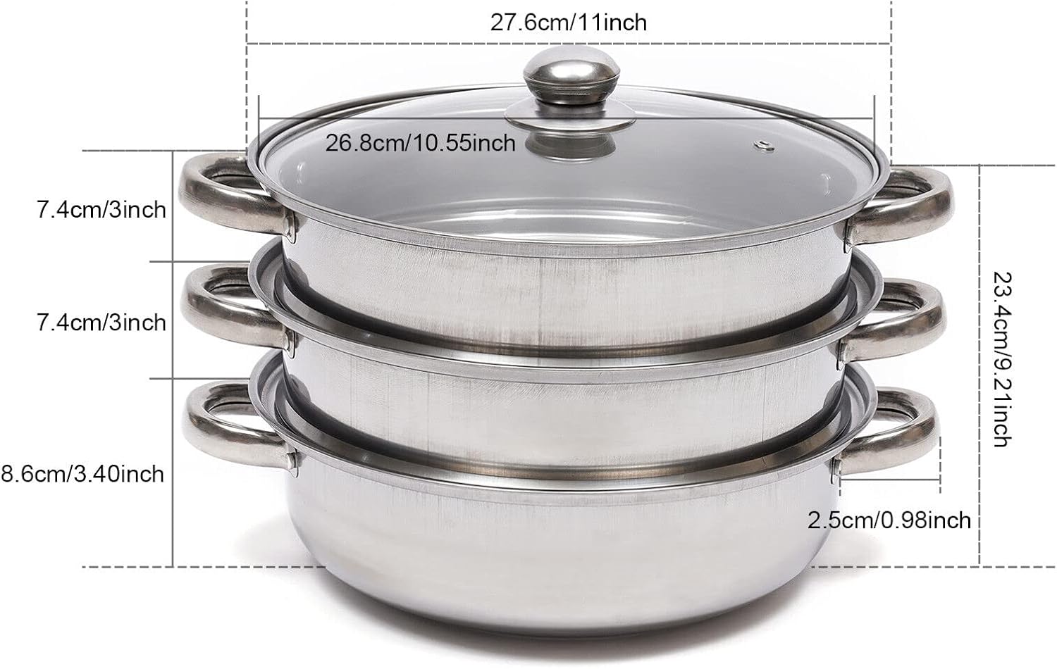 Individual components of the Bazargame 3 Tier Stainless Steel Steamer: bottom pot, two steamer inserts, and glass lid.