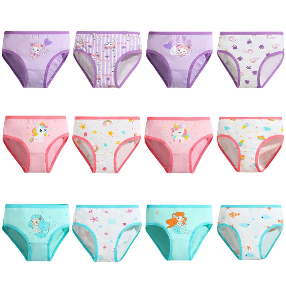 Fedmois Girls Unicorn, Cat And Mermaid Knickers Cotton Boxer Briefs Underpants Underwear (Pack Of 12), 5-7 Years