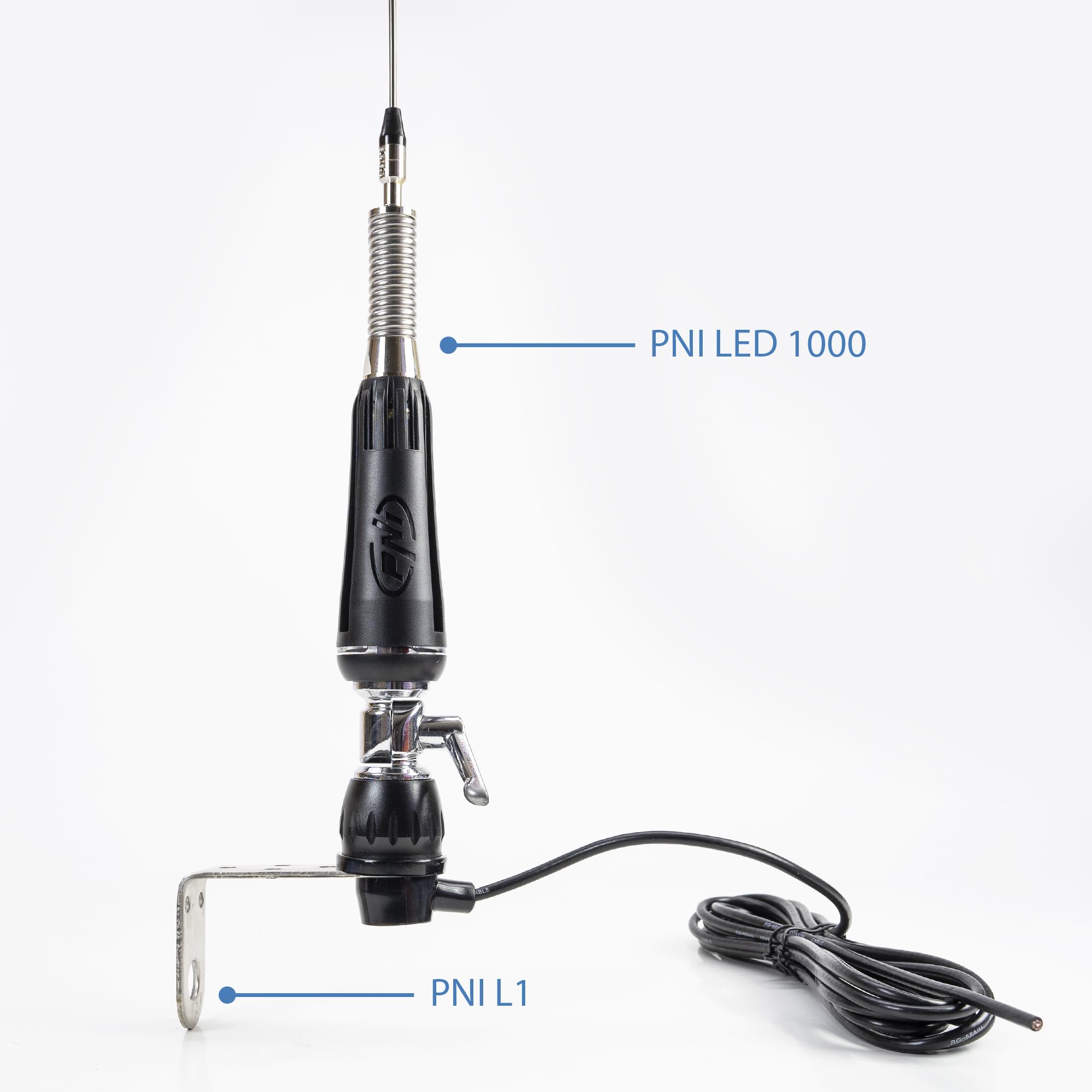 Składana antena CB PNI LED 1000 o długości 80 cm z przewodem i stałym mocowaniem motylkowym, 26-30 MHz, 300 Watt, świeci podczas nadawania